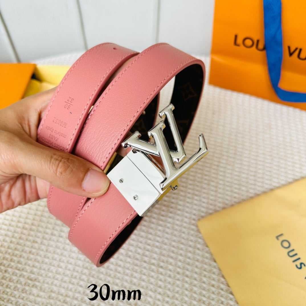 Louis Vuitton Initiales 30mm Reversible Belt Silver Rotating Buckle Pink Brown Leather