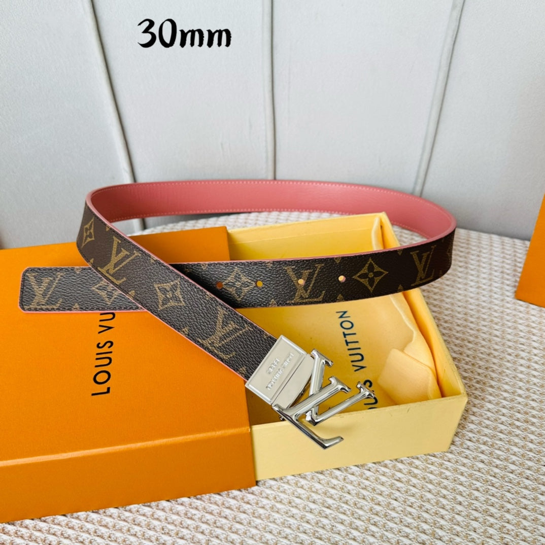 Louis Vuitton Initiales 30mm Reversible Belt Silver Rotating Buckle Pink Brown Leather