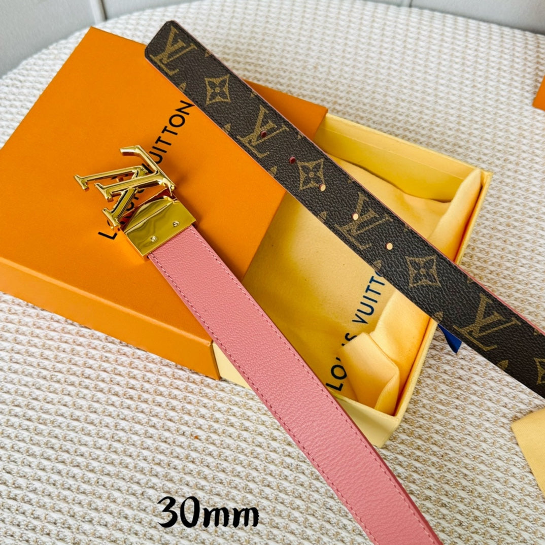 Louis Vuitton Initiales 30mm Reversible Belt Gold Rotating Buckle Pink Brown Leather