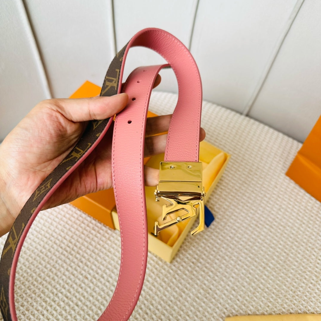 Louis Vuitton Initiales 30mm Reversible Belt Gold Rotating Buckle Pink Brown Leather