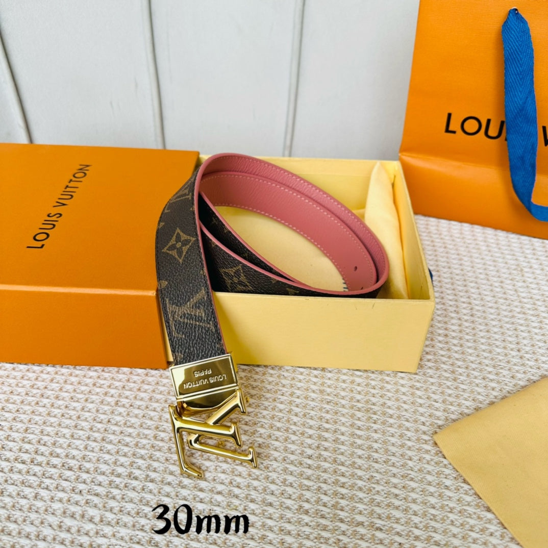 Louis Vuitton Initiales 30mm Reversible Belt Gold Rotating Buckle Pink Brown Leather