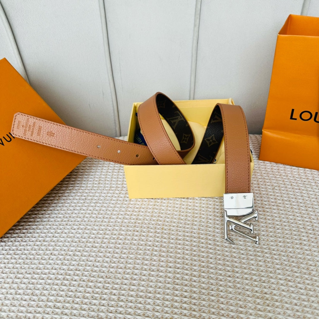 Louis Vuitton Initiales 30mm Reversible Belt Silver Rotating Buckle Tan Brown Leather