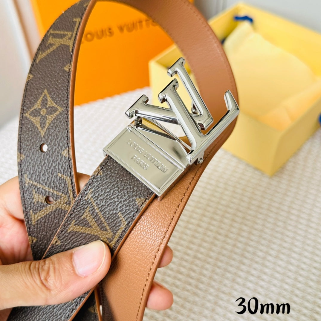 Louis Vuitton Initiales 30mm Reversible Belt Silver Rotating Buckle Tan Brown Leather