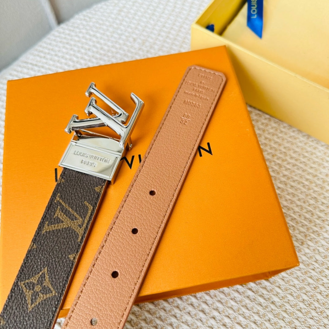 Louis Vuitton Initiales 30mm Reversible Belt Silver Rotating Buckle Tan Brown Leather