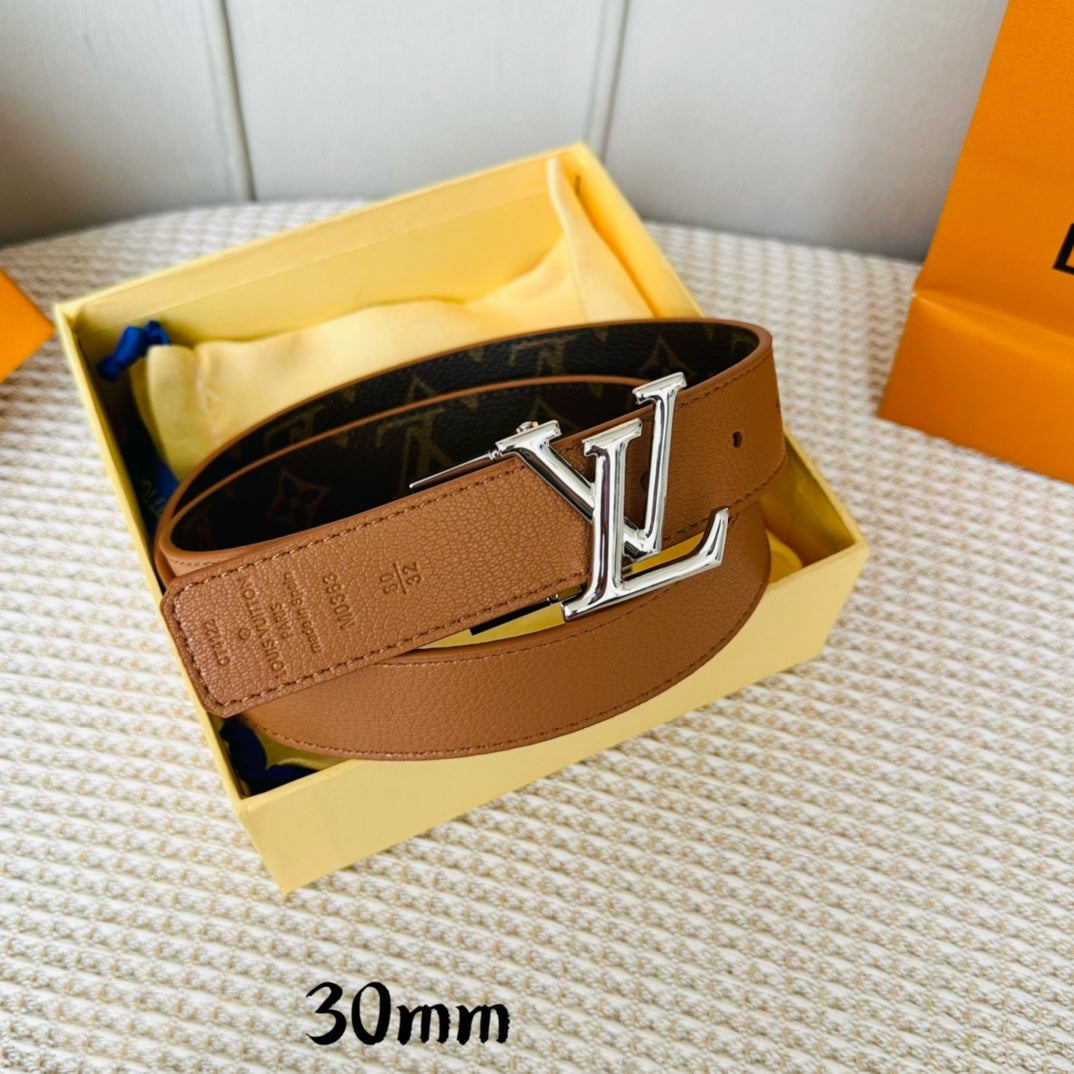 Louis Vuitton Initiales 30mm Reversible Belt Silver Rotating Buckle Tan Brown Leather