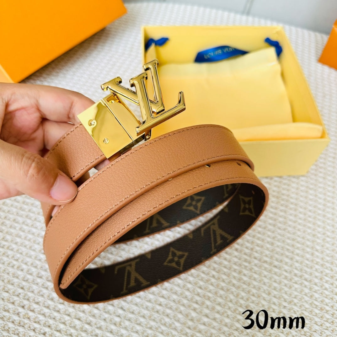 Louis Vuitton Initiales 30mm Reversible Belt Gold Rotating Buckle Tan Brown Leather