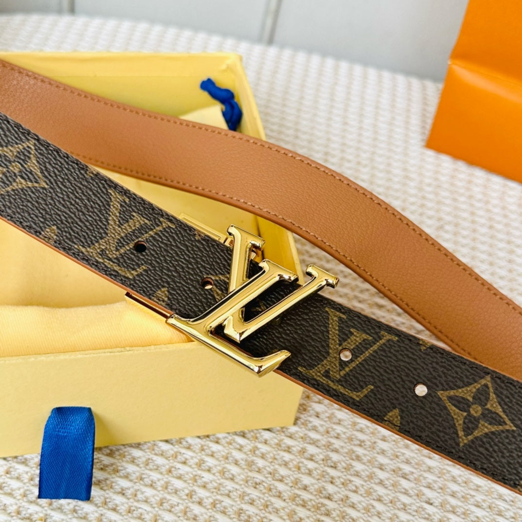 Louis Vuitton Initiales 30mm Reversible Belt Gold Rotating Buckle Tan Brown Leather