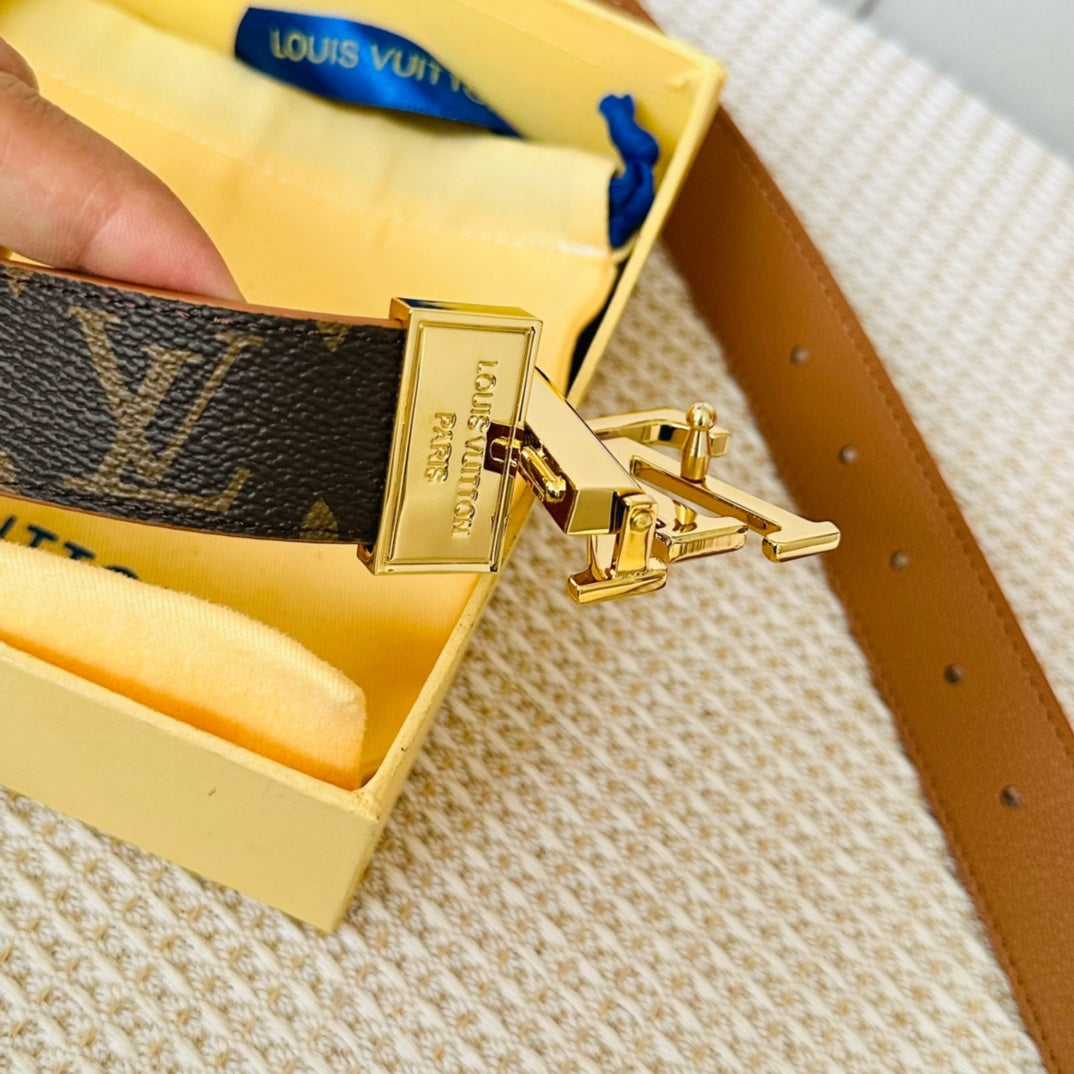 Louis Vuitton Initiales 30mm Reversible Belt Gold Rotating Buckle Tan Brown Leather