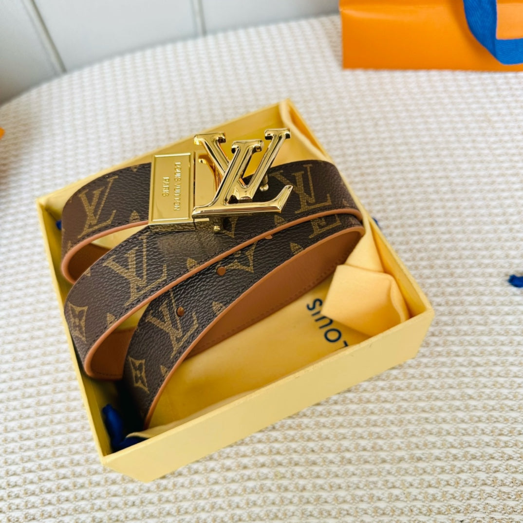 Louis Vuitton Initiales 30mm Reversible Belt Gold Rotating Buckle Tan Brown Leather