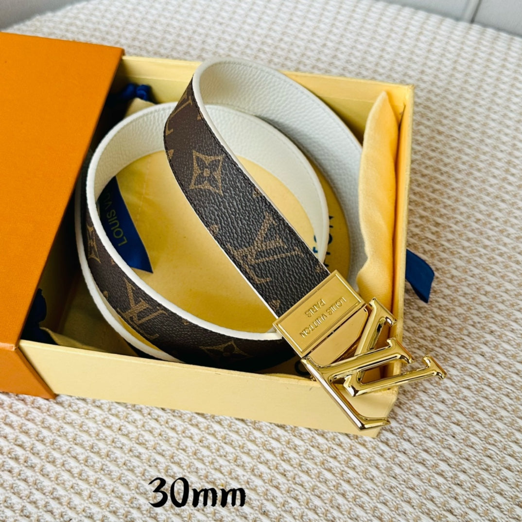Louis Vuitton Initiales 30mm Reversible Belt Gold Rotating Buckle White Brown Leather
