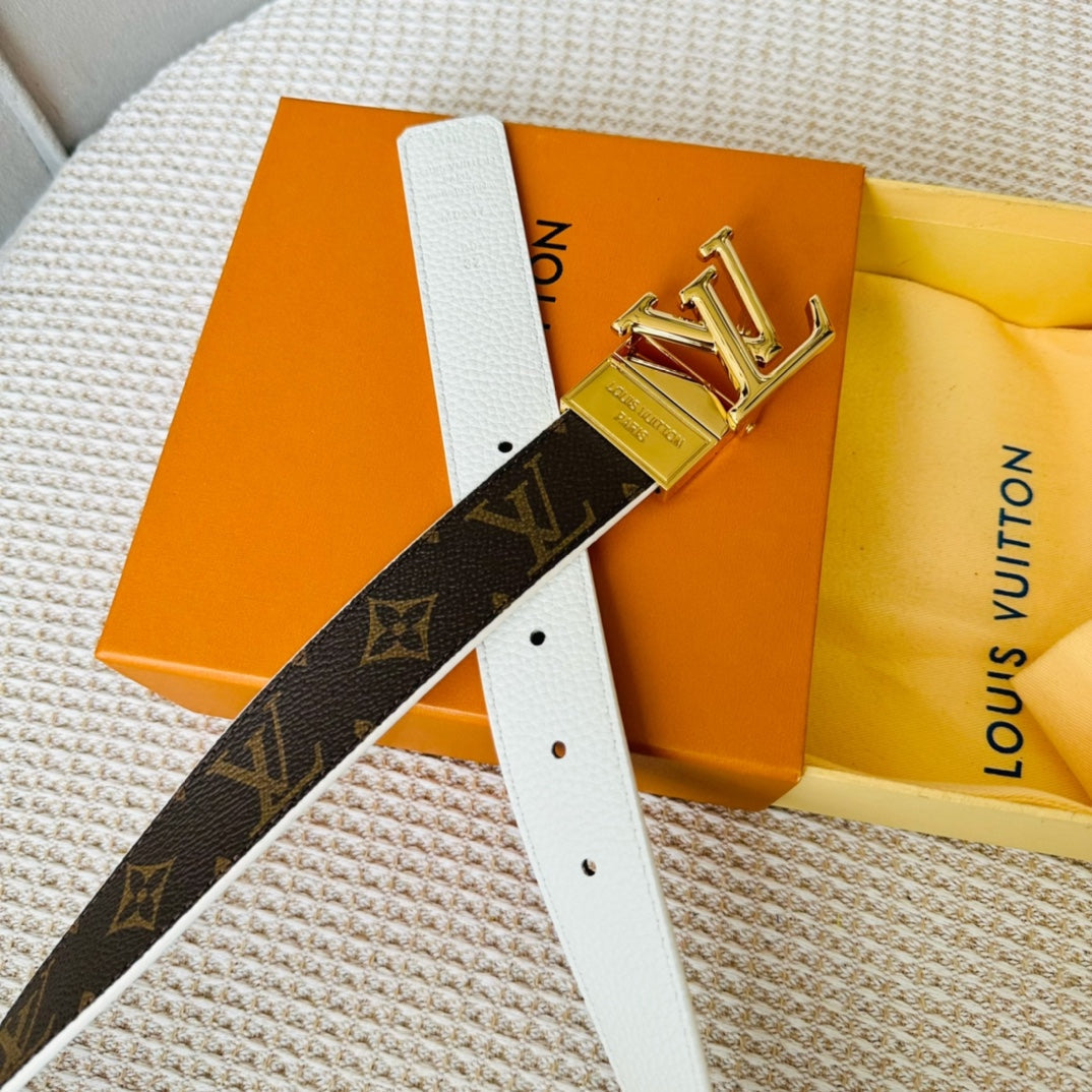 Louis Vuitton Initiales 30mm Reversible Belt Gold Rotating Buckle White Brown Leather