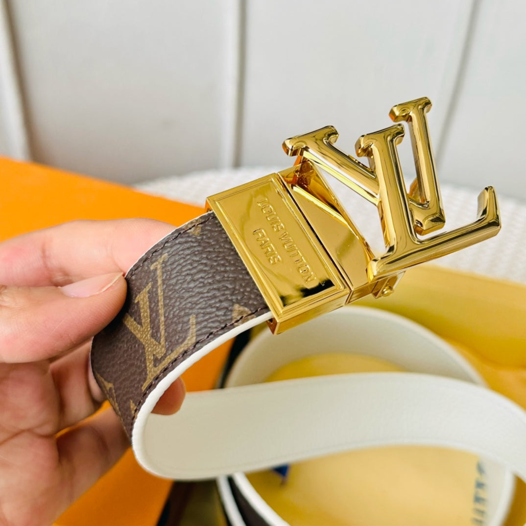 Louis Vuitton Initiales 30mm Reversible Belt Gold Rotating Buckle White Brown Leather