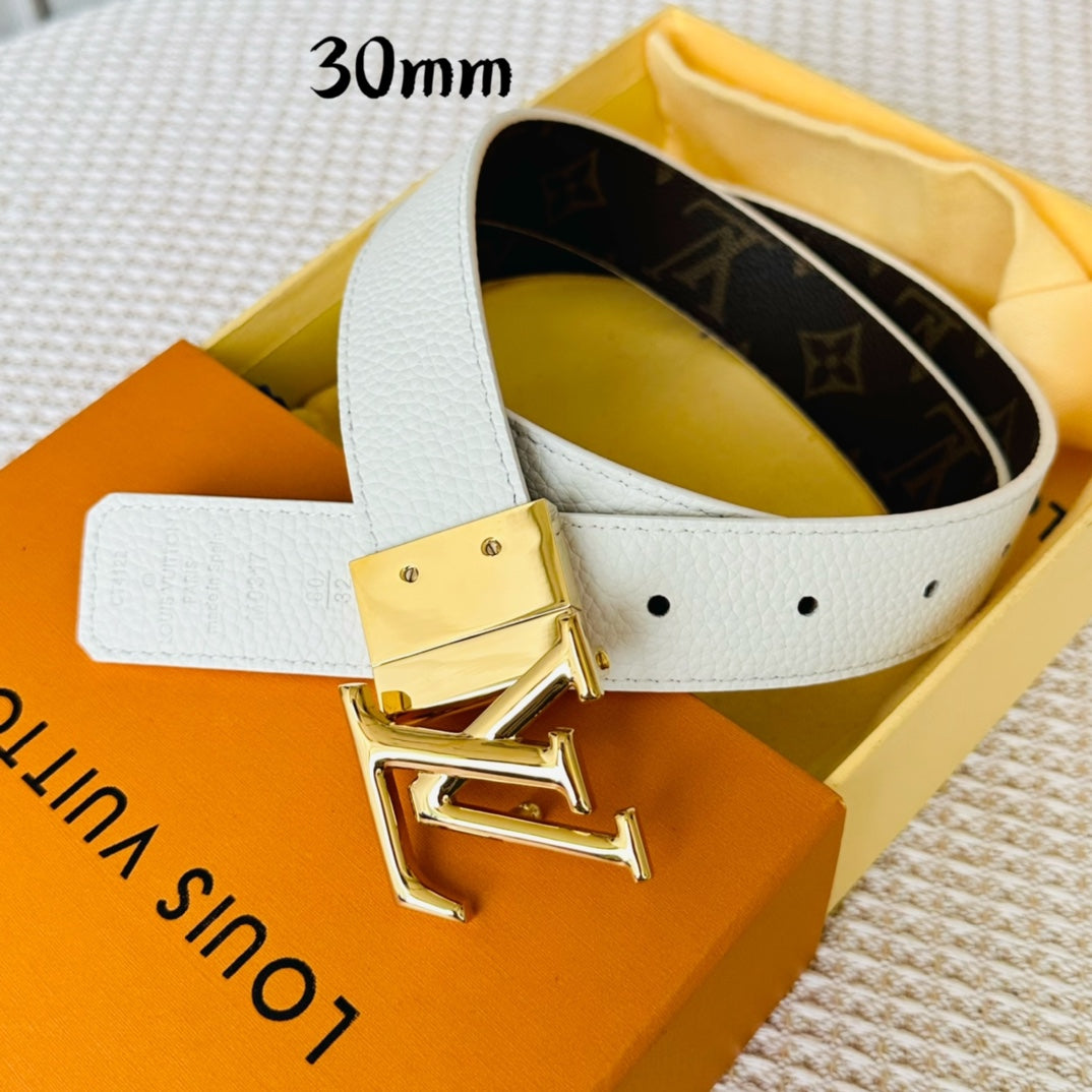 Louis Vuitton Initiales 30mm Reversible Belt Gold Rotating Buckle White Brown Leather