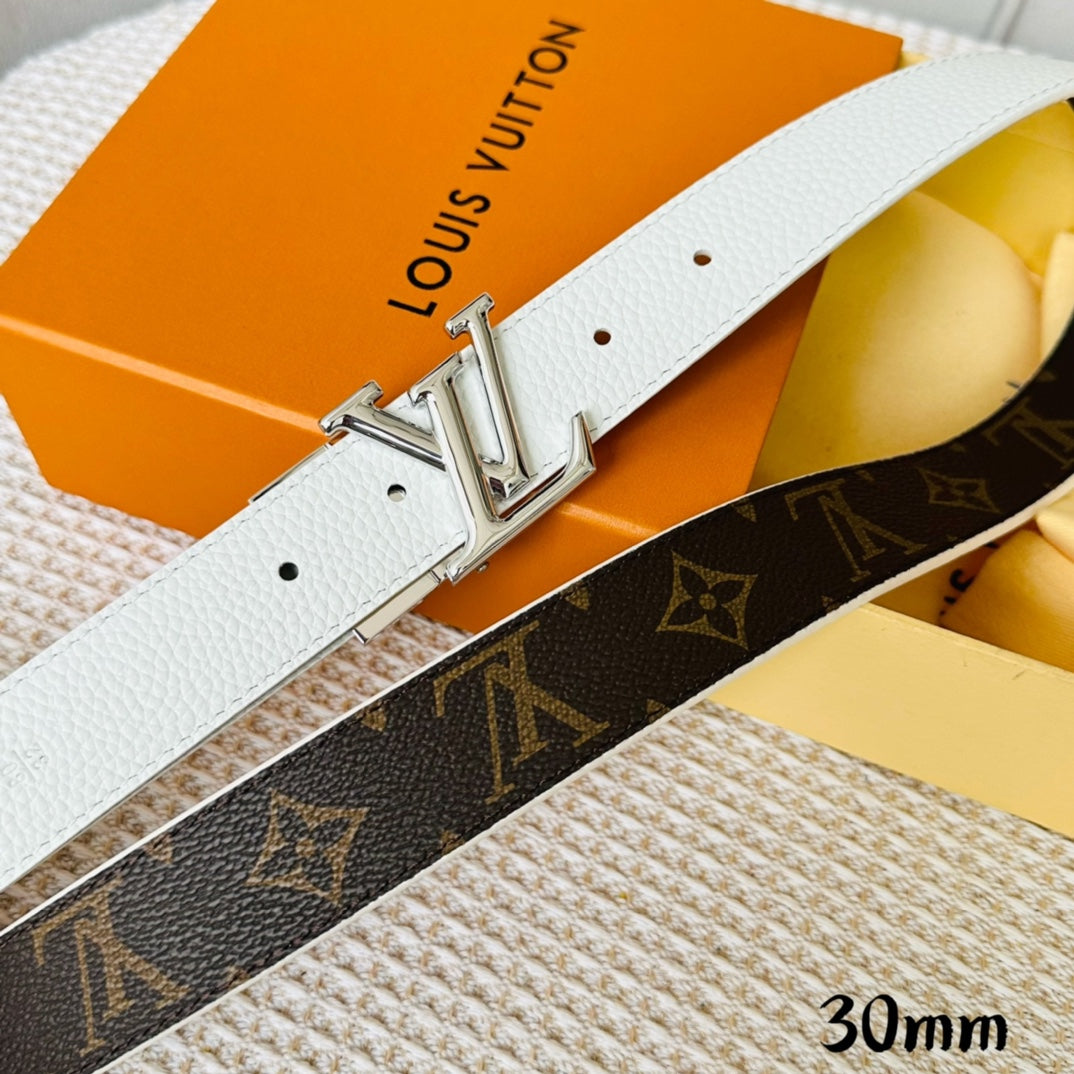 Louis Vuitton Initiales 30mm Reversible Belt Silver Rotating Buckle White Brown Leather