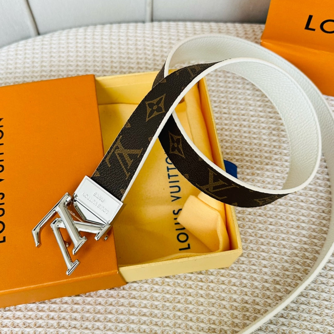 Louis Vuitton Initiales 30mm Reversible Belt Silver Rotating Buckle White Brown Leather