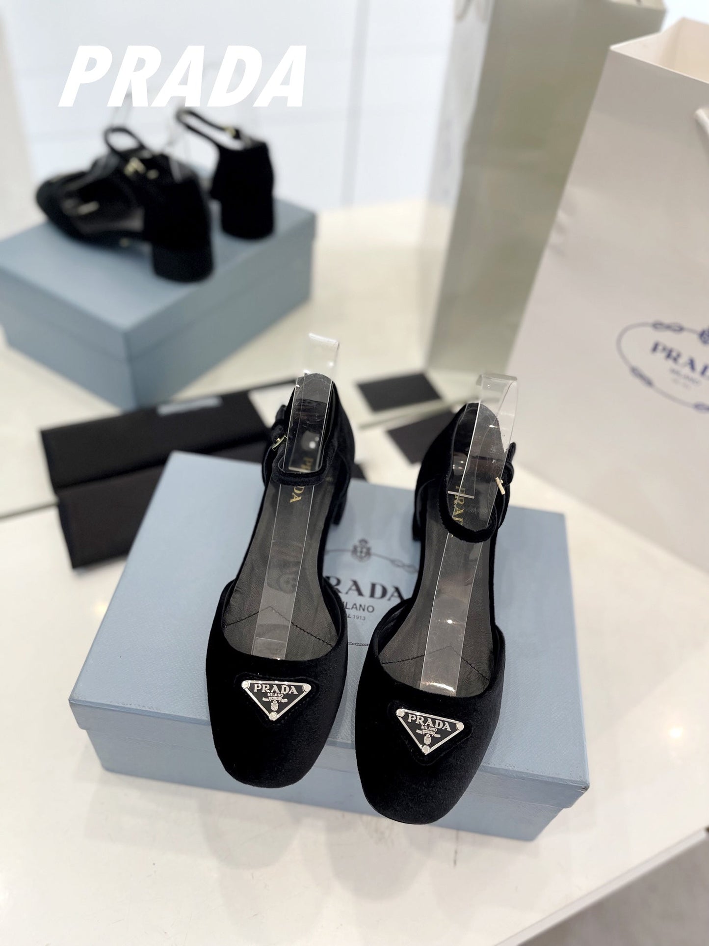 PRADA Slingback 40 Square Sole Black Velvet