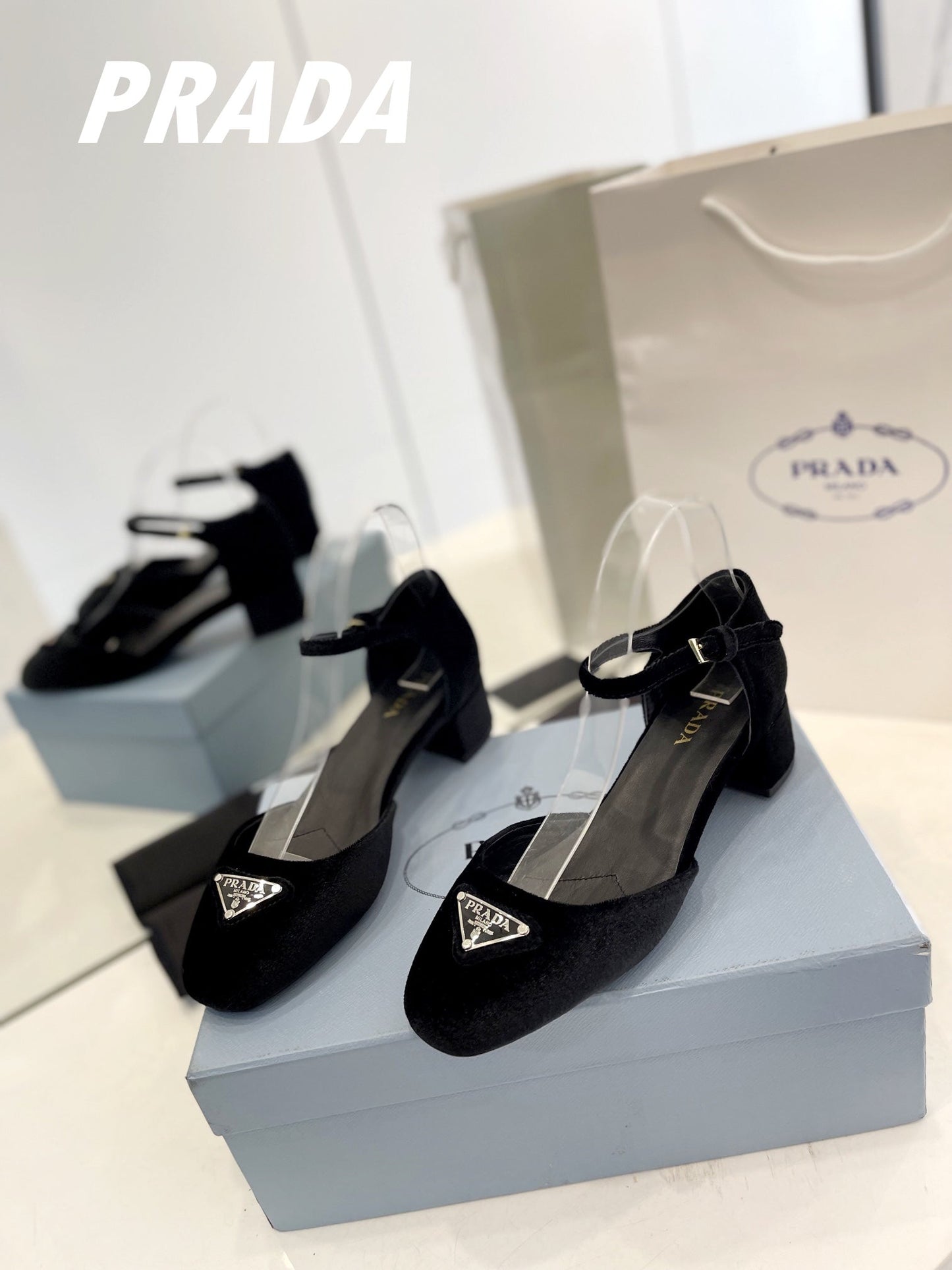 PRADA Slingback 40 Square Sole Black Velvet