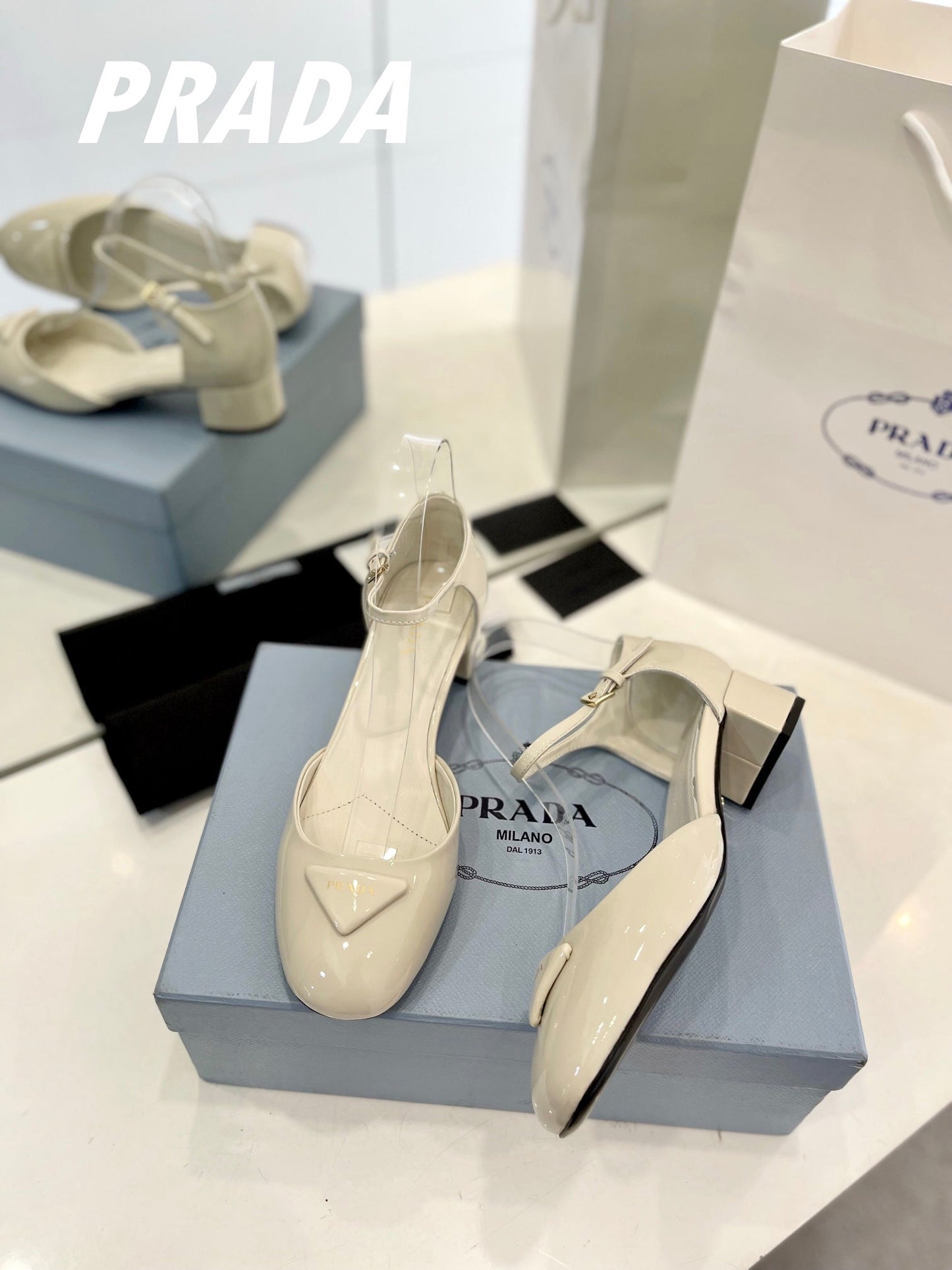 PRADA Slingback 40 Square Sole White Patent Leather