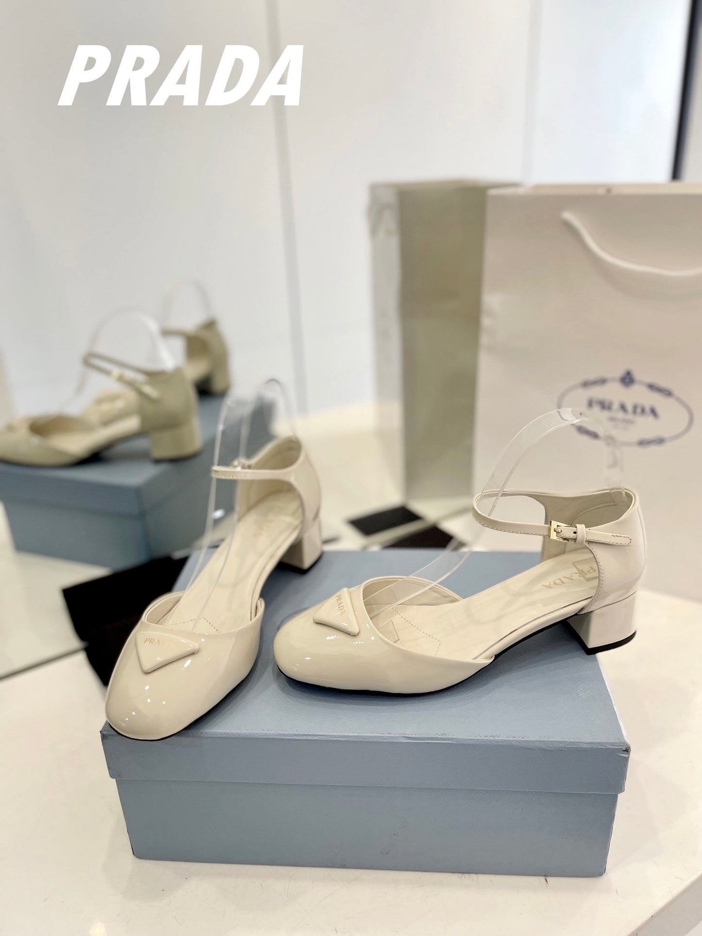 PRADA Slingback 40 Square Sole White Patent Leather