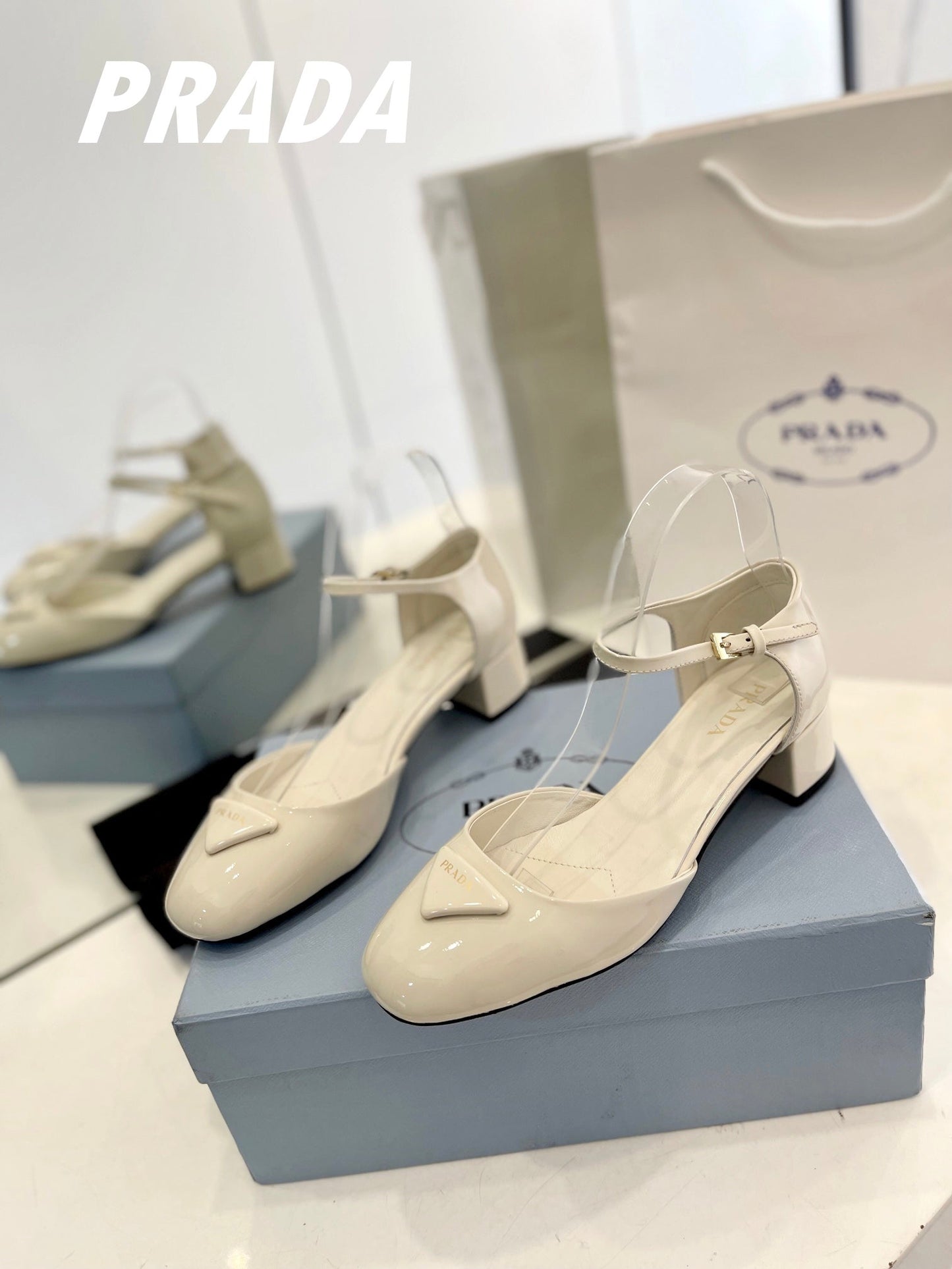 PRADA Slingback 40 Square Sole White Patent Leather