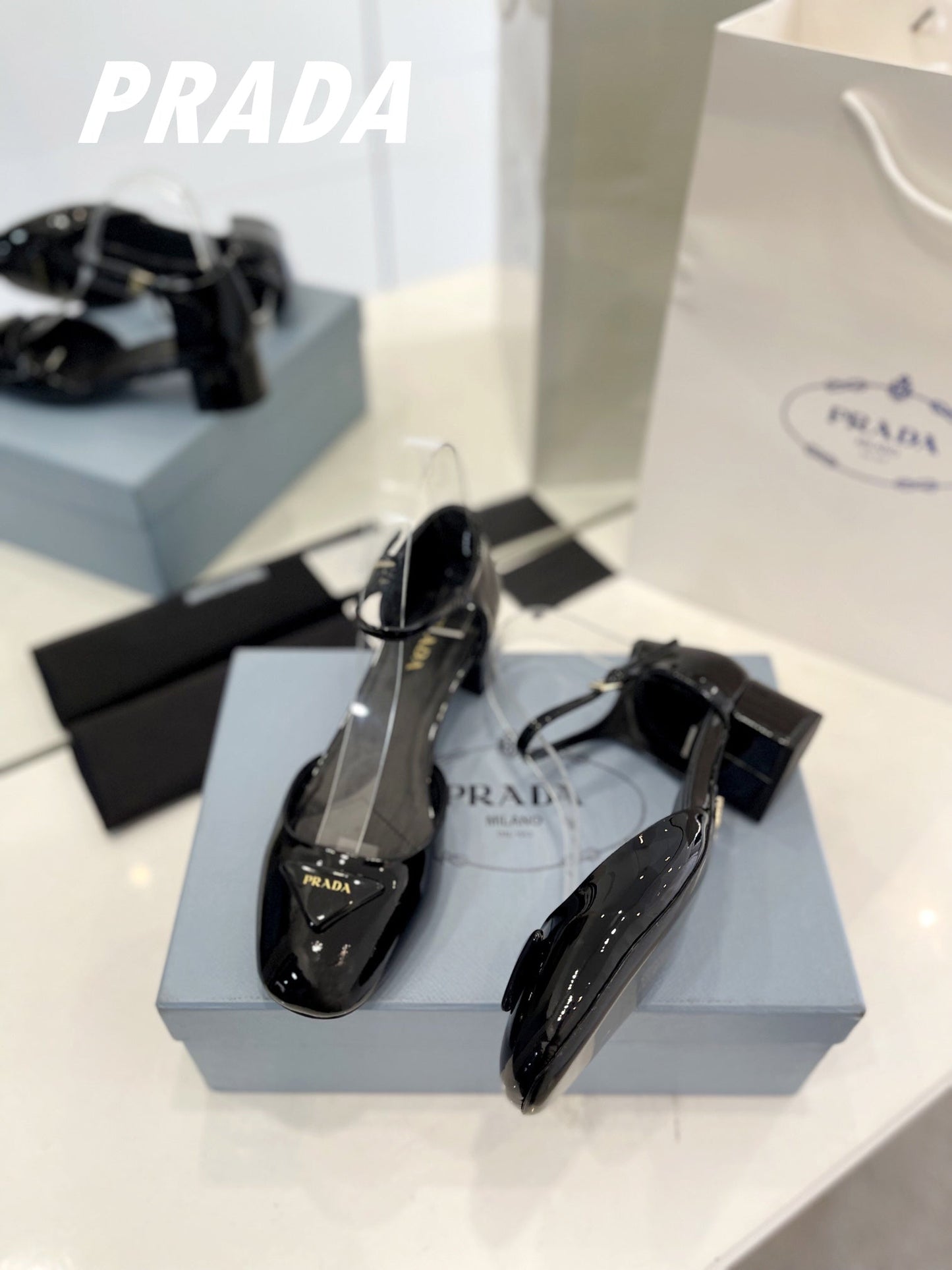 PRADA Slingback 40 Square Sole Black Patent Leather