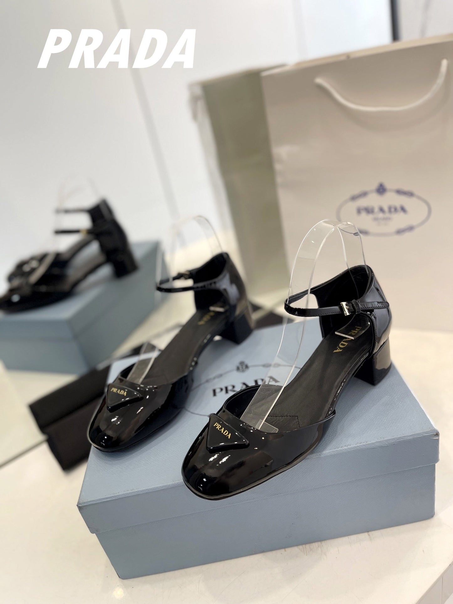 PRADA Slingback 40 Square Sole Black Patent Leather