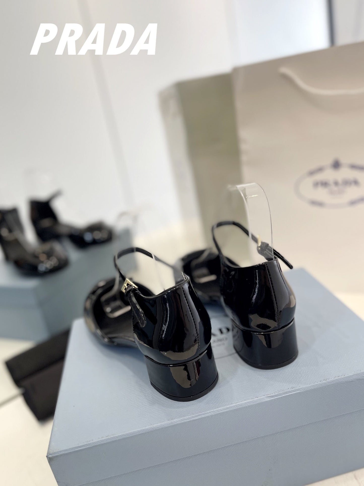 PRADA Slingback 40 Square Sole Black Patent Leather