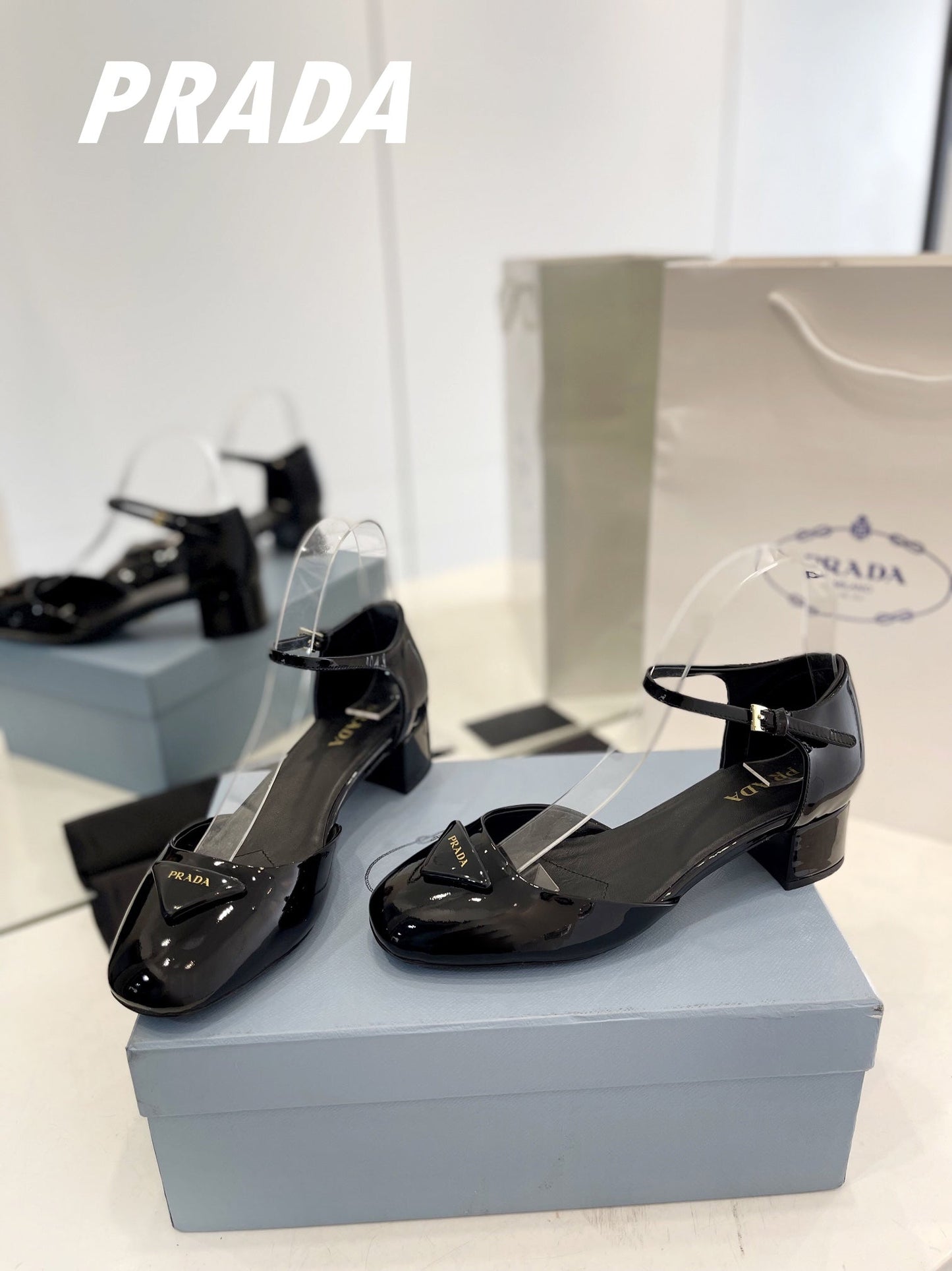 PRADA Slingback 40 Square Sole Black Patent Leather