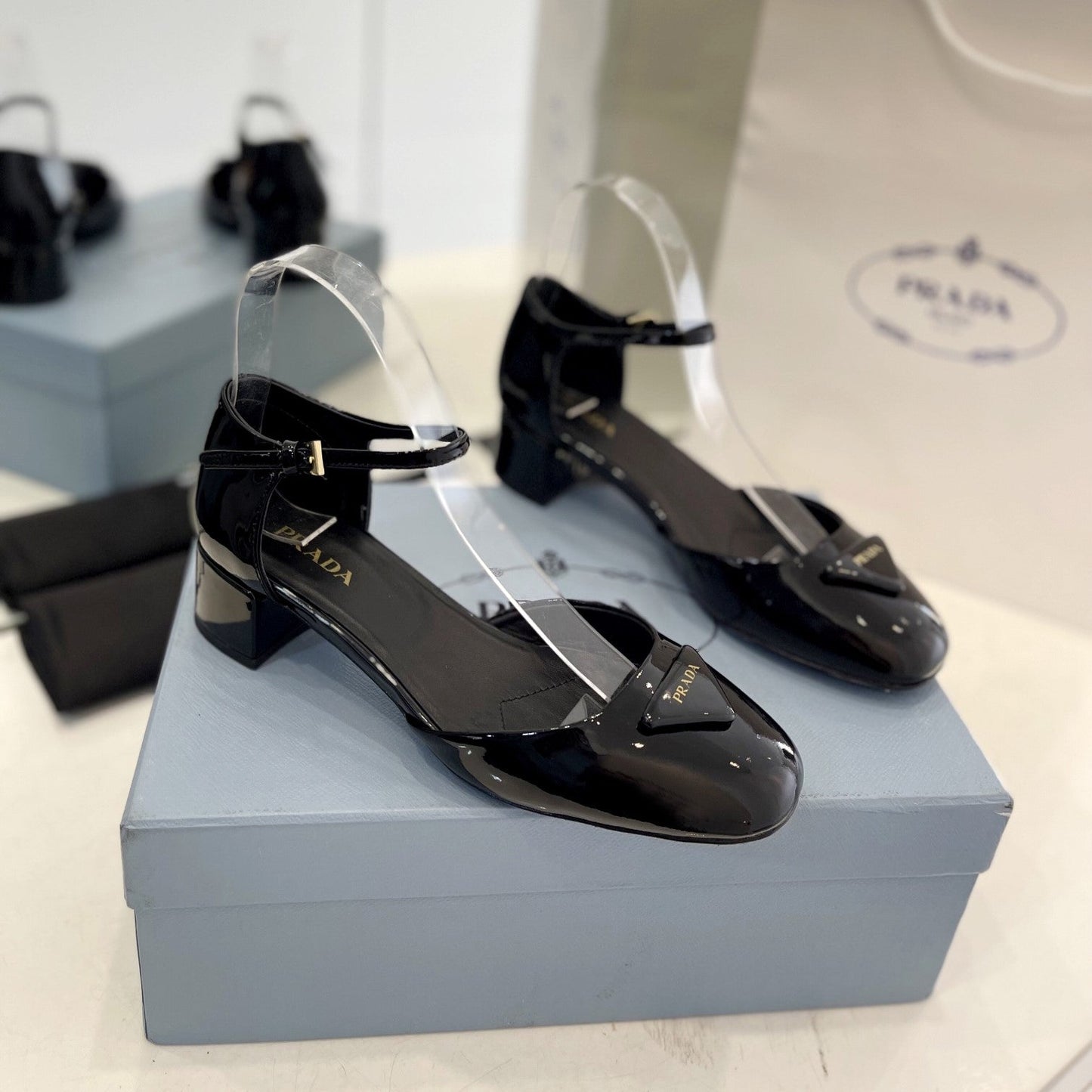 PRADA Slingback 40 Square Sole Black Patent Leather