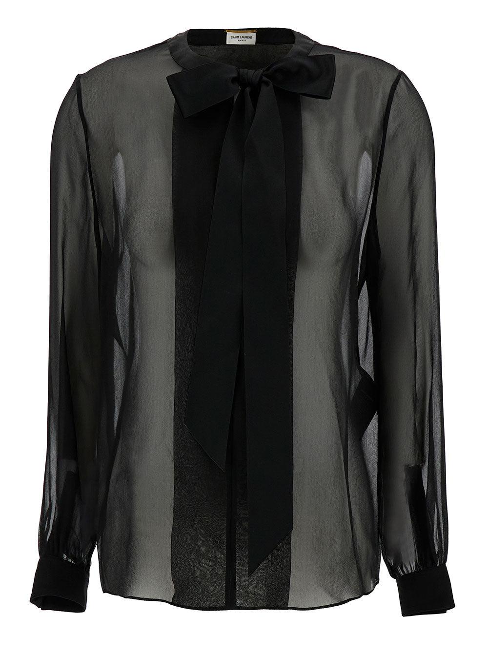 Saint Laurent Women Black Shirt With Bow Detail In Semi-Sheer Silk Woman