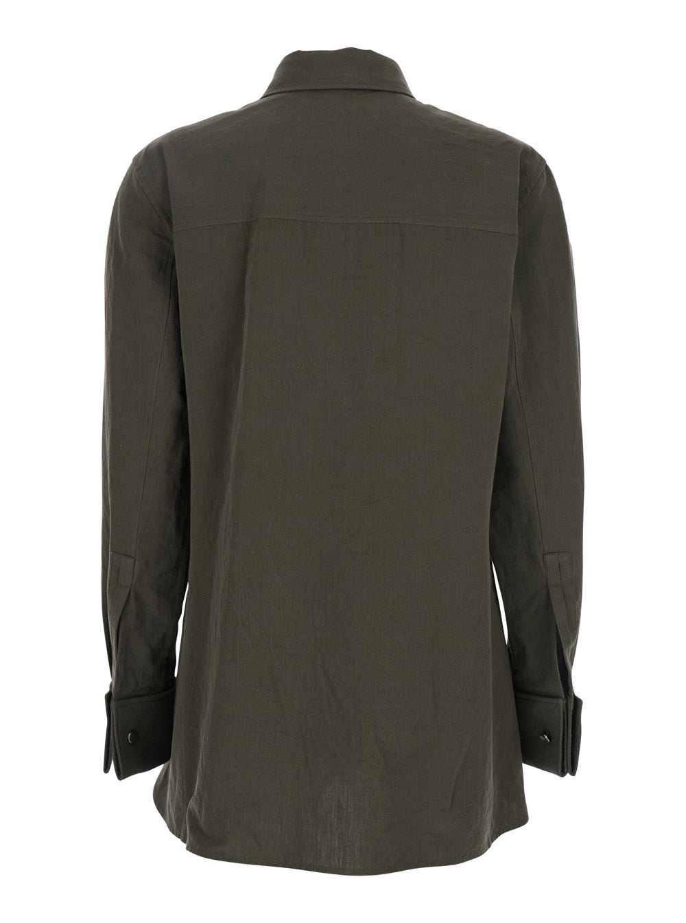 Saint Laurent Women Green Shirt With Classic Collar And Cassandre Embroidery On The Front In Linen And Cotton Blend Woman