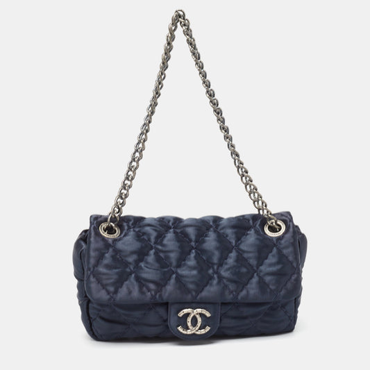 Chanel Navy Blue Quilted Satin Medium Classic Single Flap Bag