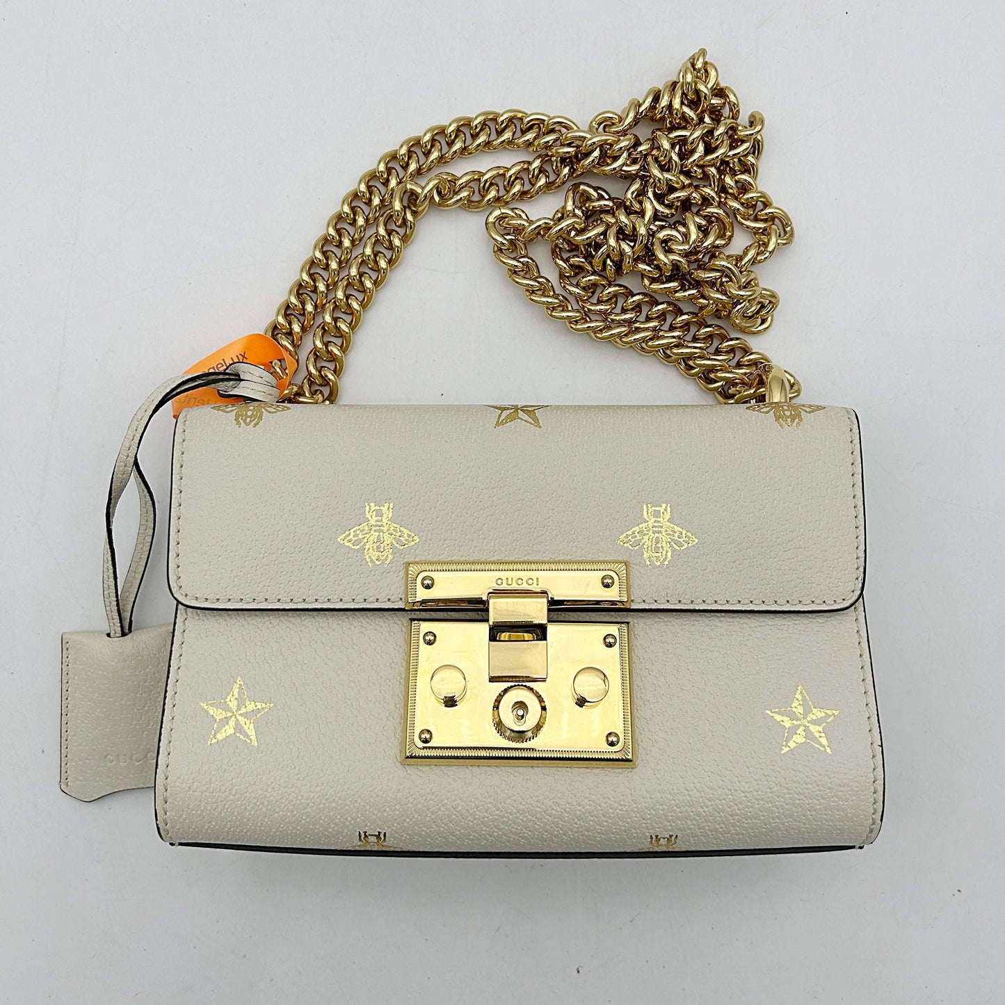 GUCCI Grained Calfskin Bee Star Small Padlock Shoulder Bag White 2506222502
