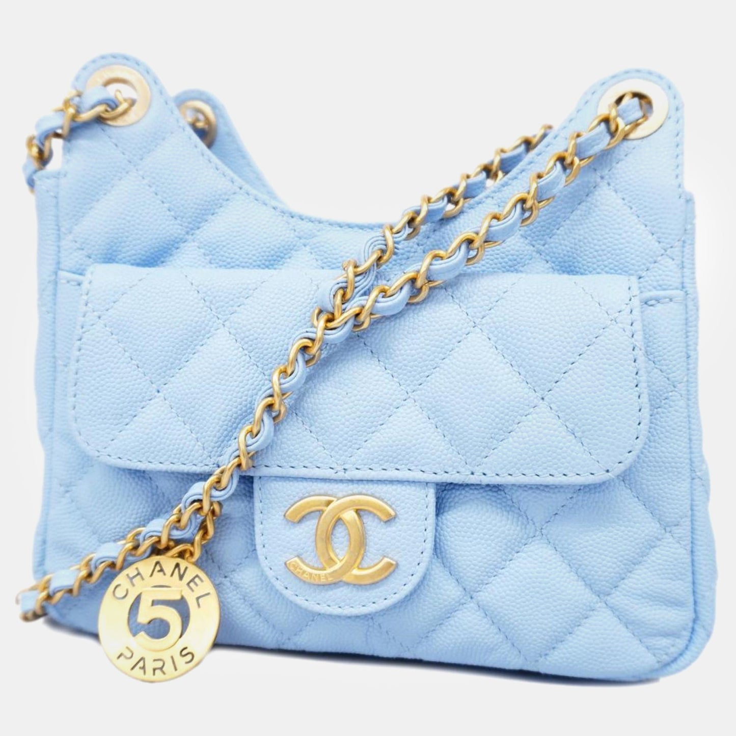 Chanel Light Blue Caviar Quilted Small Wavy CC Hobo
