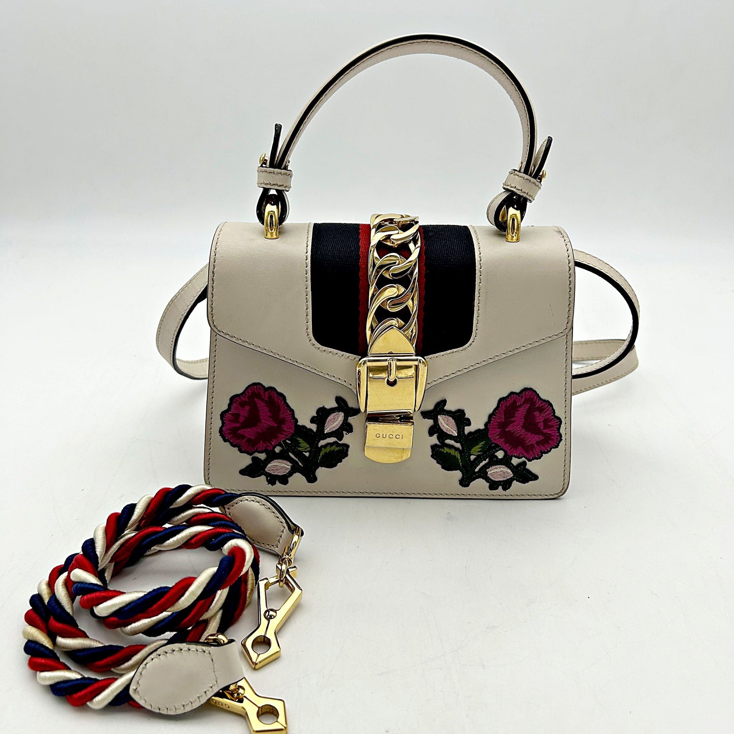 GUCCI Mini Sylvie Top Handle Bag Floral Ivory LA27140