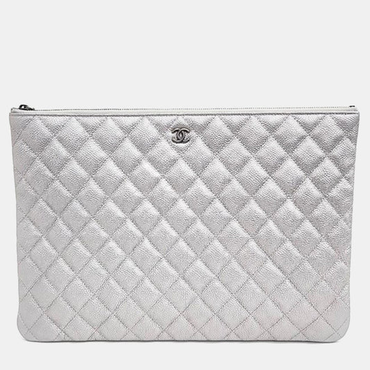 Chanel Silver Caviar Leather Clutch Bag