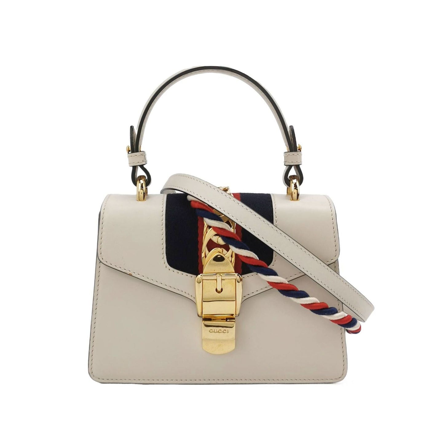 Preloved Gucci Sylvie Mini Leather Crossbody Bag with Metal Buckle and Webbing Strap 250513781190148