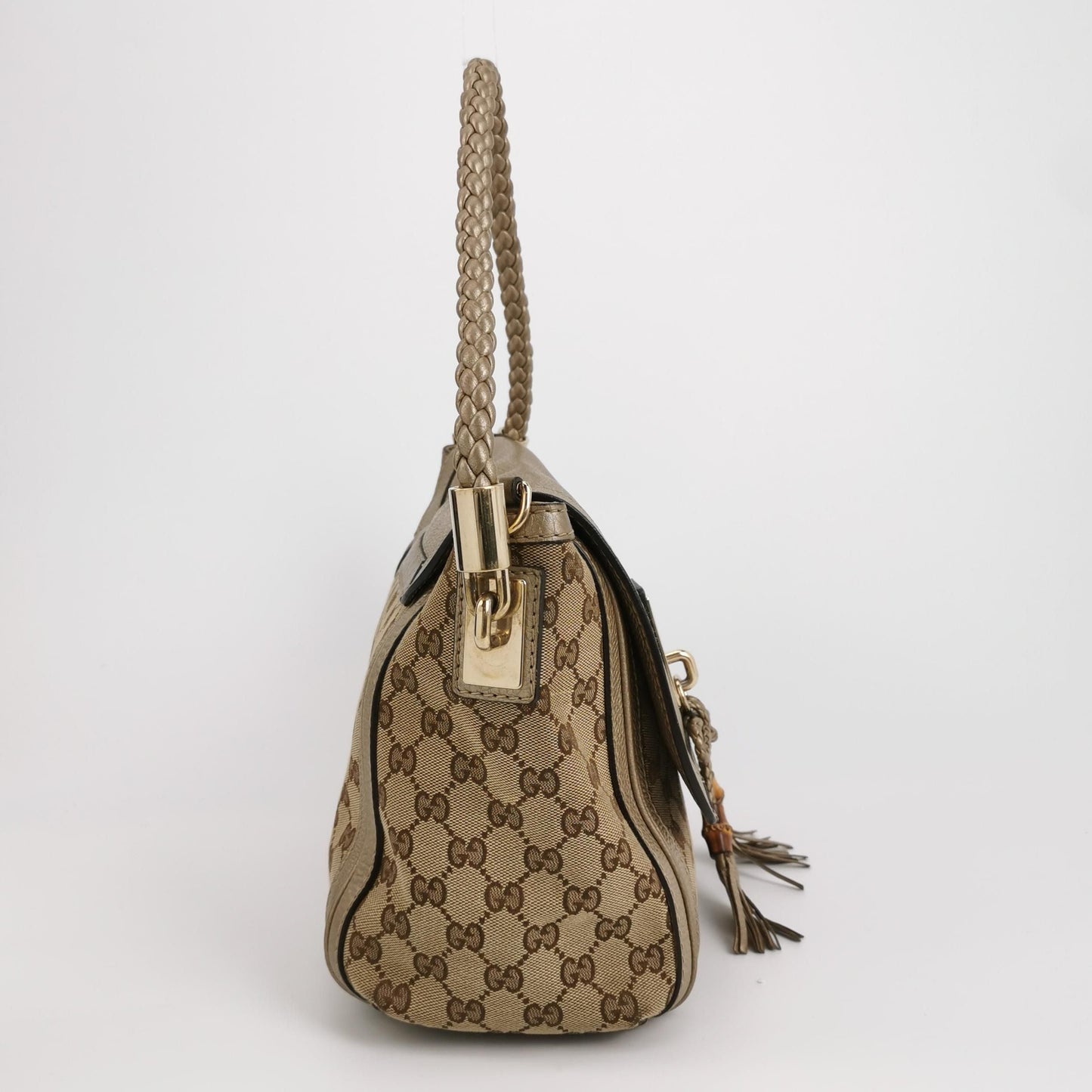 Preloved Gucci Bella Series Leather Canvas GG Monogram Woven Handle Shoulder Bag 24121378982157