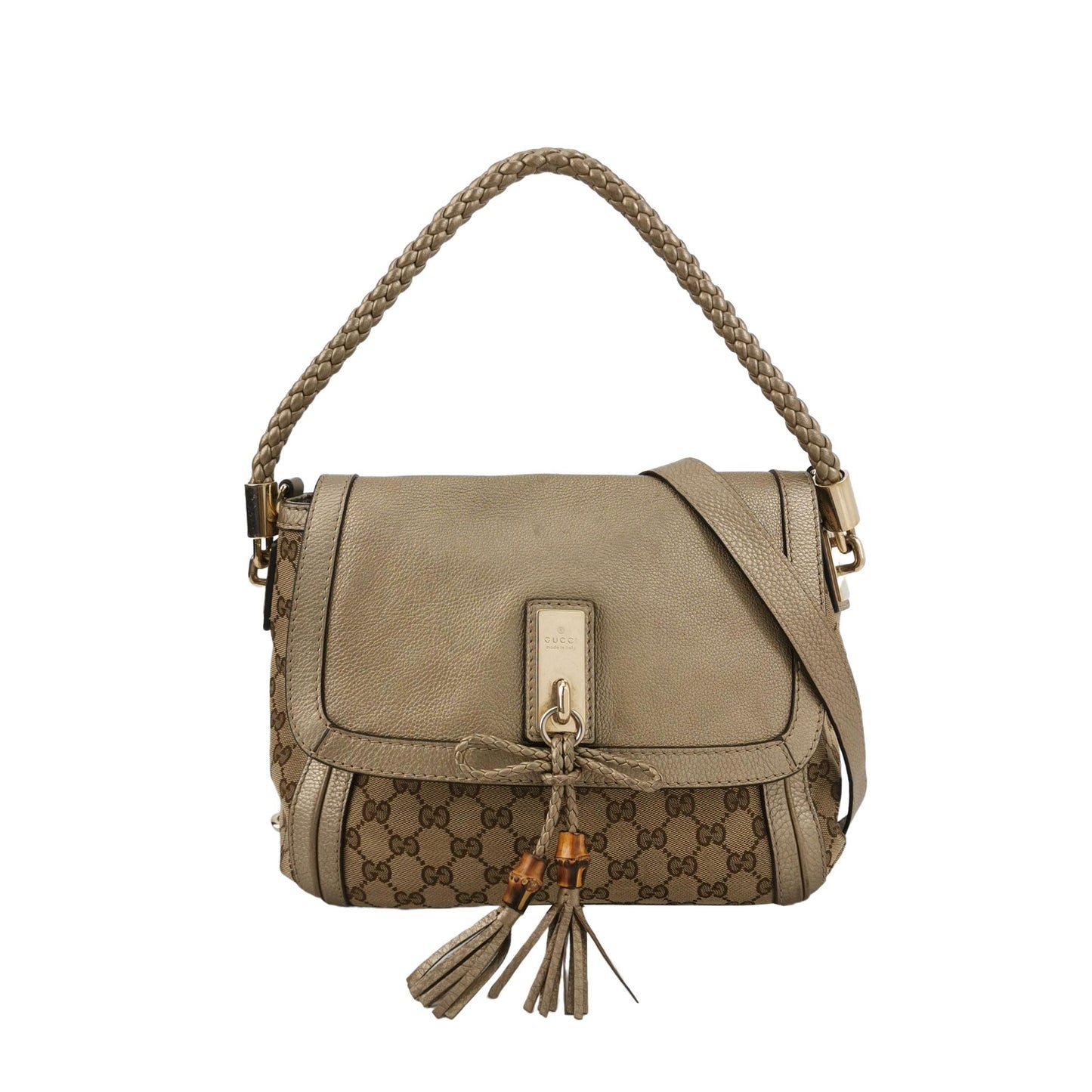 Preloved Gucci Bella Series Leather Canvas GG Monogram Woven Handle Shoulder Bag 24121378982157