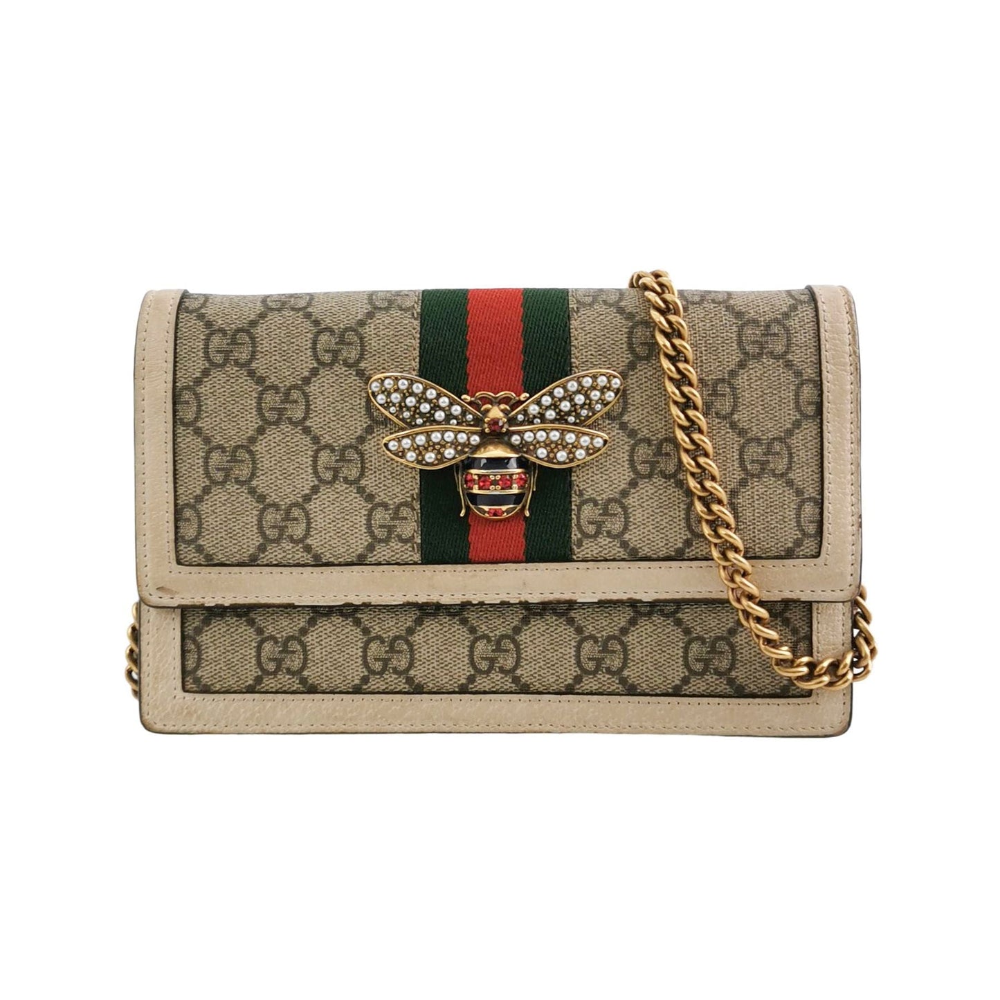 Preloved Gucci Queen Margaret Mini Bag in Leather and Canvas with GG Pattern, Stripes, Pearl, and Bee Design 24120578971632