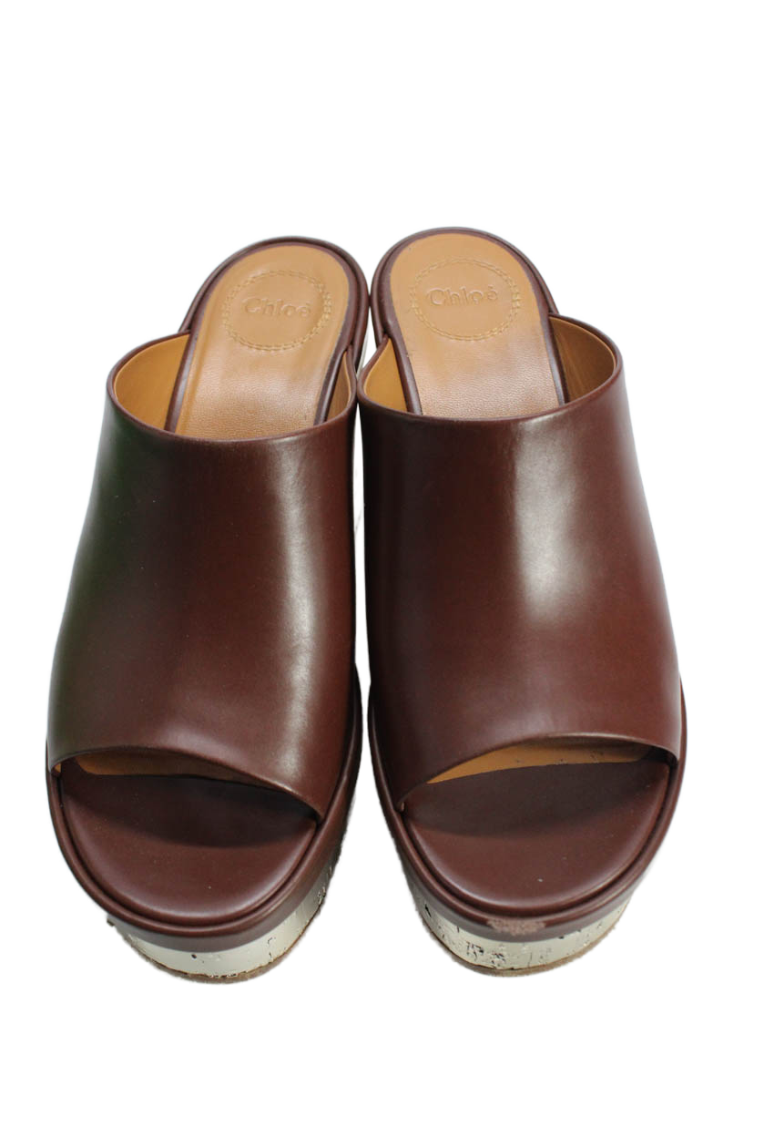 Chloe Womens Metallic Block Heel Platform Slide Mule Sandals Brown Leather 38