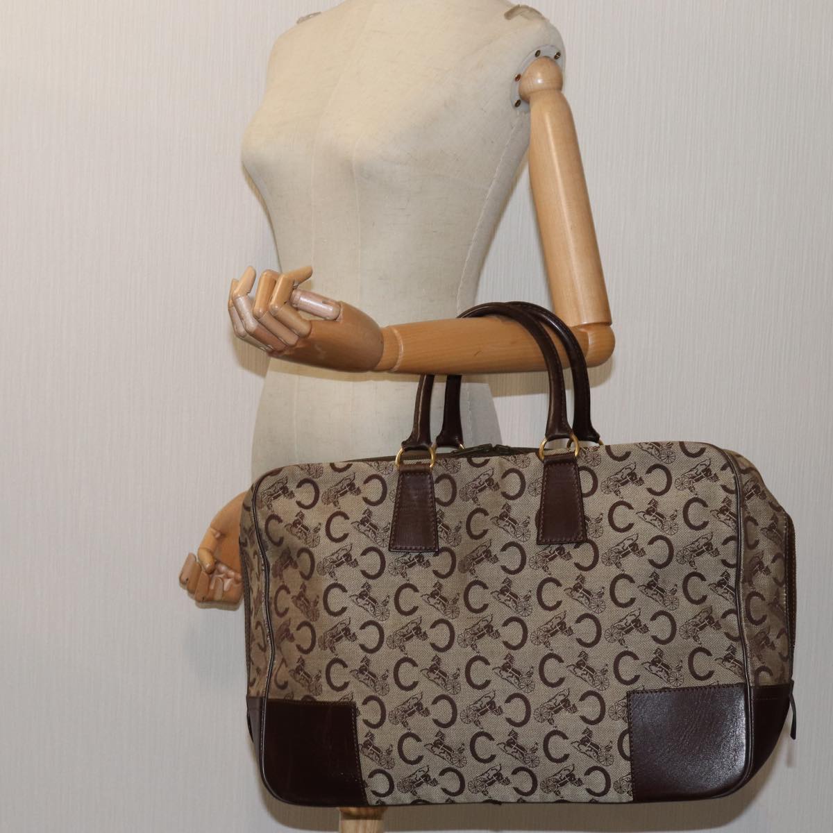 CELINE C Macadam Canvas Boston Bag Beige Auth 71548