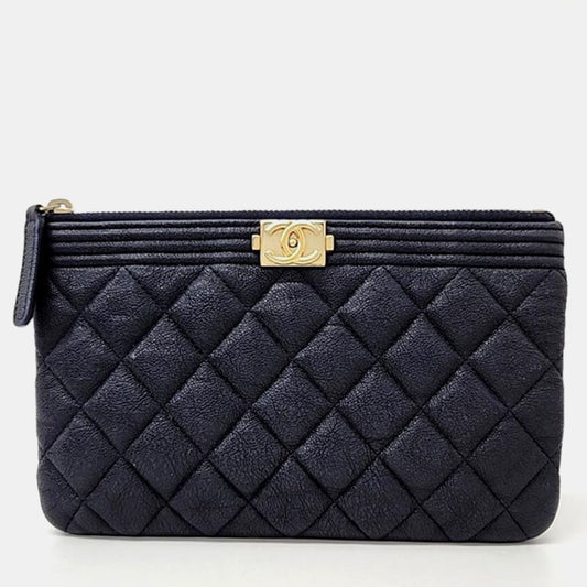 Chanel Navy Blue Caviar Leather Boy Clutch Bag