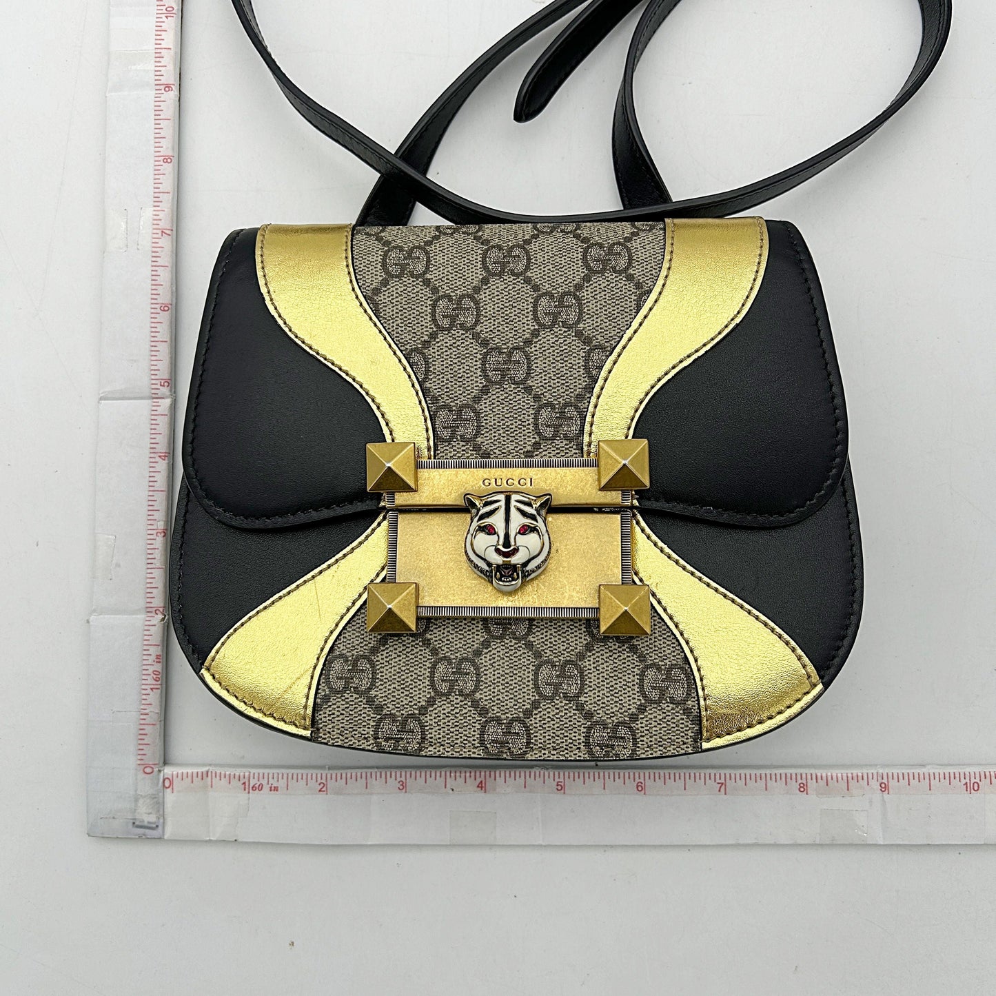 GUCCI GG Supreme Monogram Small Osiride Shoulder Bag Black Gold 2506222503