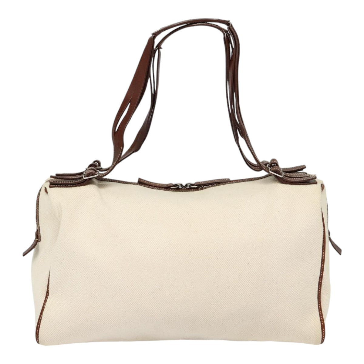 CELINE Boston Bag Canvas White Silver Auth 88479