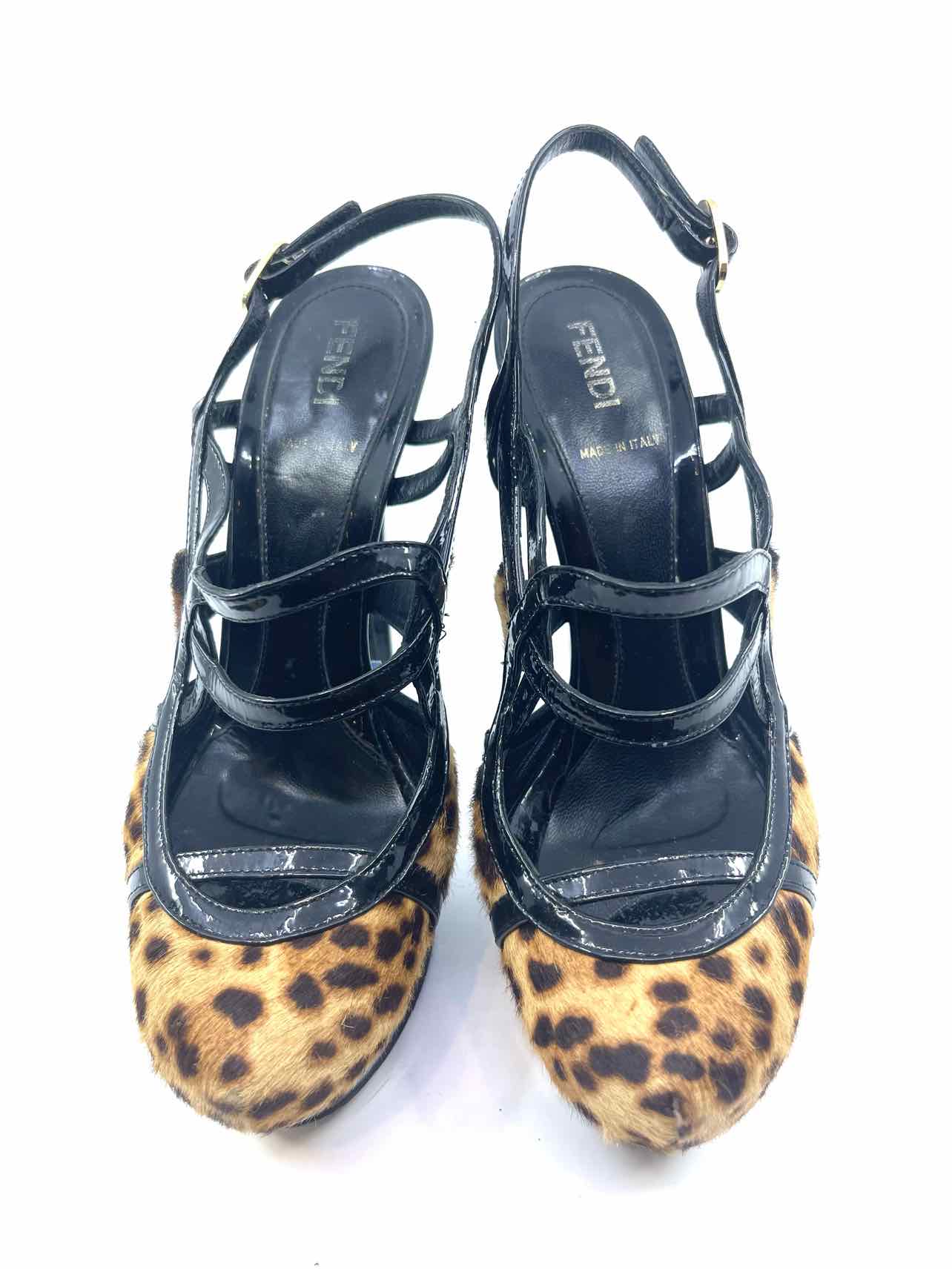 FENDI Black, Brown Patent Leather Cheetah Pony Hair Sling back | 7