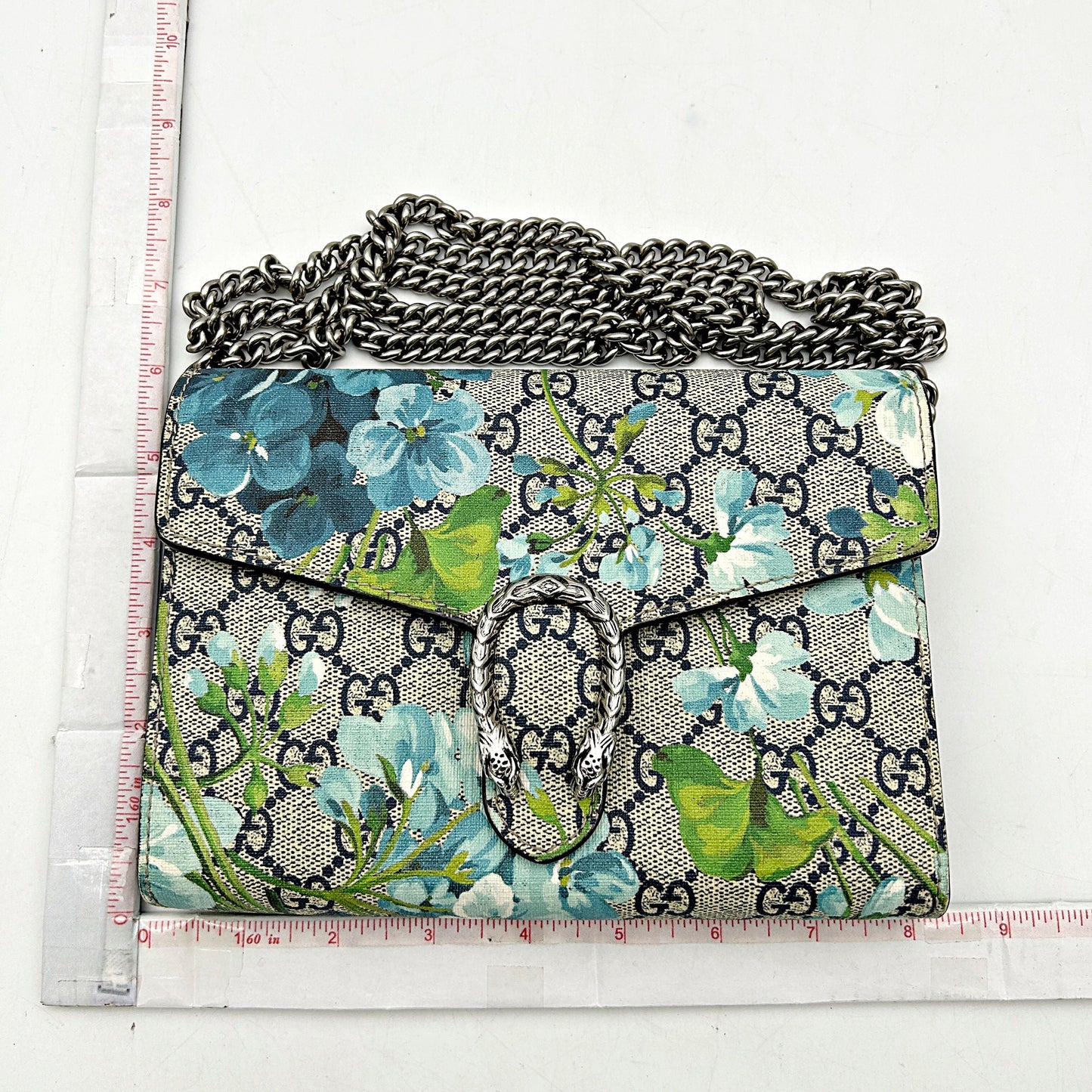 GUCCI GG Supreme Monogram Blooms Mini Dionysus Chain Wallet Beige Blue Navy Vintage Blue LA24693