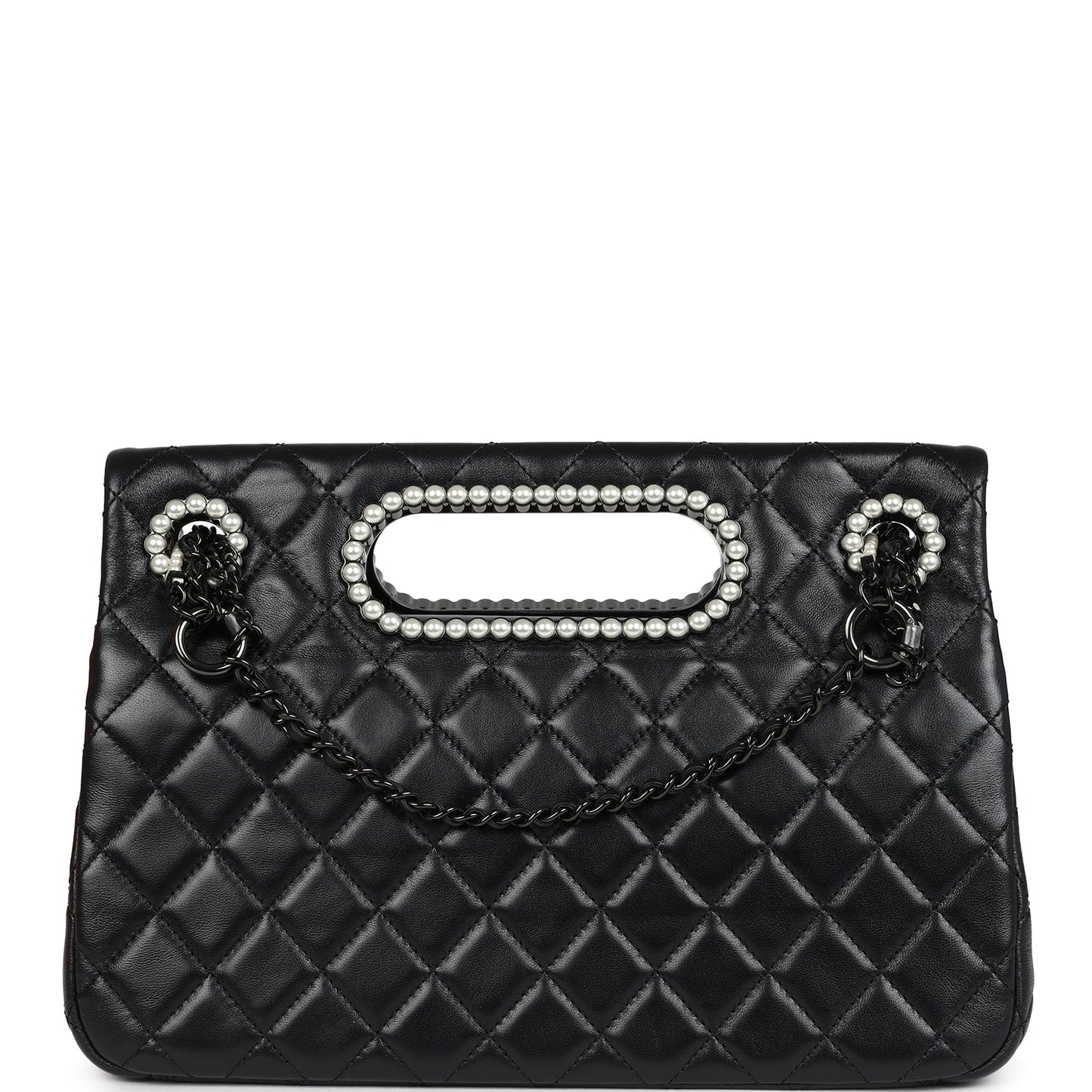 Chanel Large Double Flap Bag with Pearl Cut Out Handle Black Shiny Lambskin Black Hardware