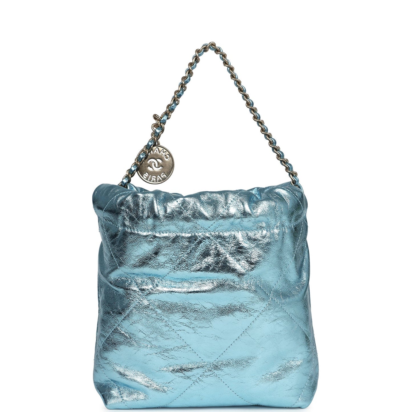 Chanel Mini 22 Bag Blue Metallic Calfskin Brushed Gold Hardware