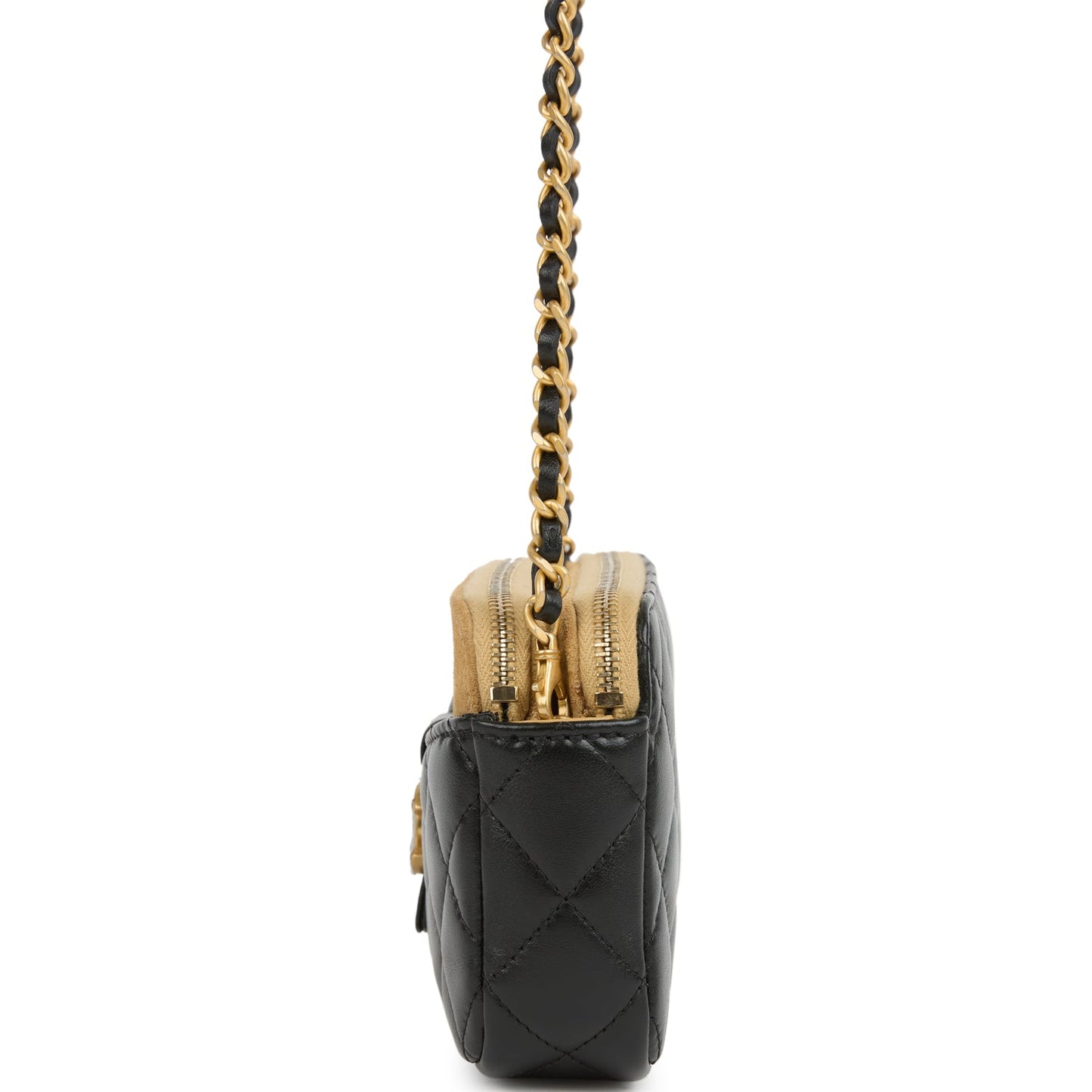 Chanel Double Touch Phone Holder with Chain Black & Brown Shiny Lambskin and Suede Brushed Gold Hardware
